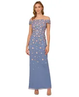 Adrianna Papell Off-The-Shoulder 3-d Beaded Gown