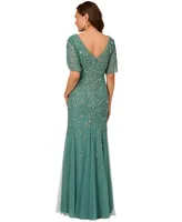 Adrianna Papell Women's Beaded Petal-Sleeve Mermaid Gown