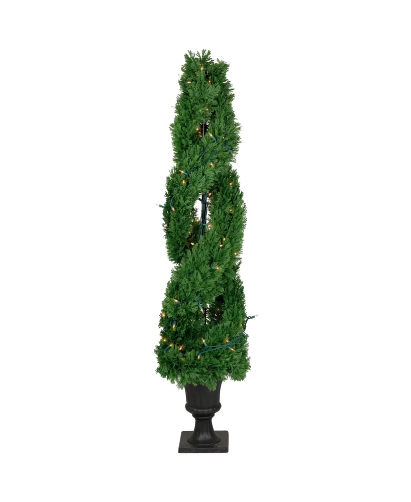 4.5' Pre-Lit Artificial Cedar Double Spiral Topiary Tree in Urn Style Pot Clear Lights