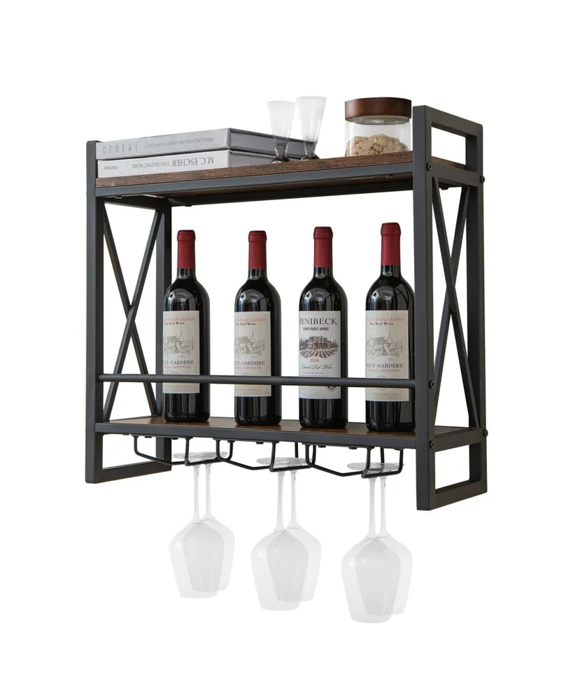 Industrial Wall Mounted Wine Rack with 3 Stem Glass Holders