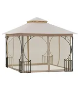 Outsunny 10' x 10' Patio Gazebo, Outdoor Canopy Pavilion with Mesh Netting Sidewalls, 2-Tier Polyester Roof, & Steel Frame, Beige