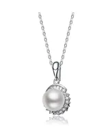 Sterling Silver White Gold Plated Round Faux Pearl with Cubic Zirconia Round Drop Pendant