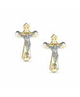 Bling Jewelry Tiny Minimalist Christian Religious Jesus Gold Crucifix CrossTwo Tone Yellow 14K Gold Stud Earring For Women Safety Screw Back - Two