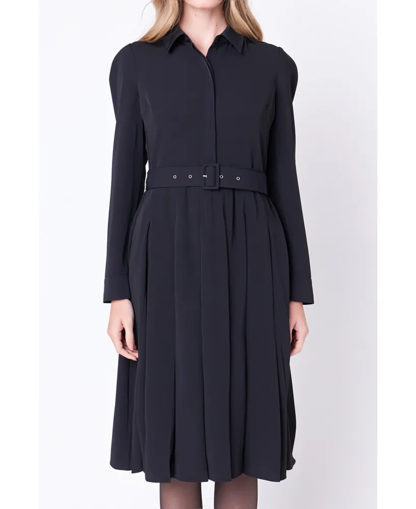 Women's Pleated Collared Long Sleeve Midi Dress