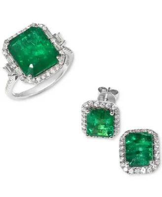 Effy Emerald Diamond Stud Earrings Statement Ring In 14k White Gold