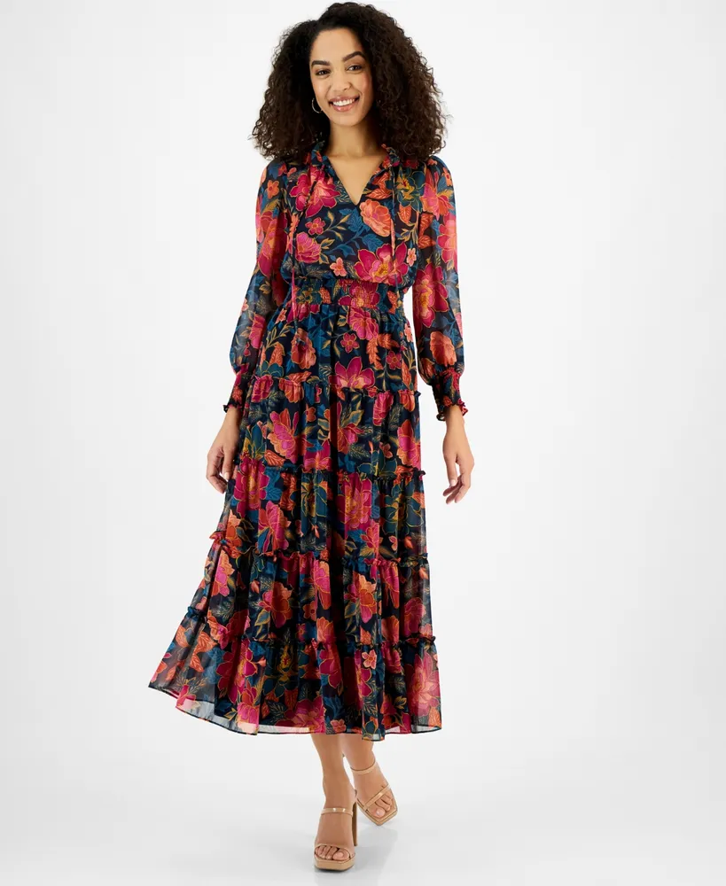 MSK Printed Tiered Smocked-Waist Flutter-Sleeve Dress - Macy's