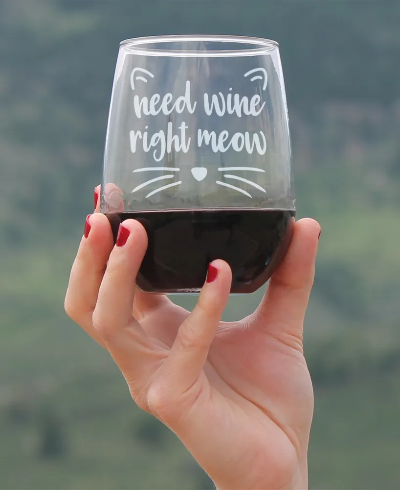 Bevvee Need Wine Right Meow Funny Cat Gifts Stem Less Wine Glass, 17 oz