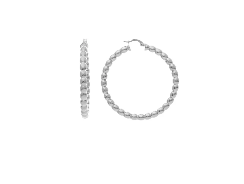 Rhodium Satin Beaded Hoop Earrings