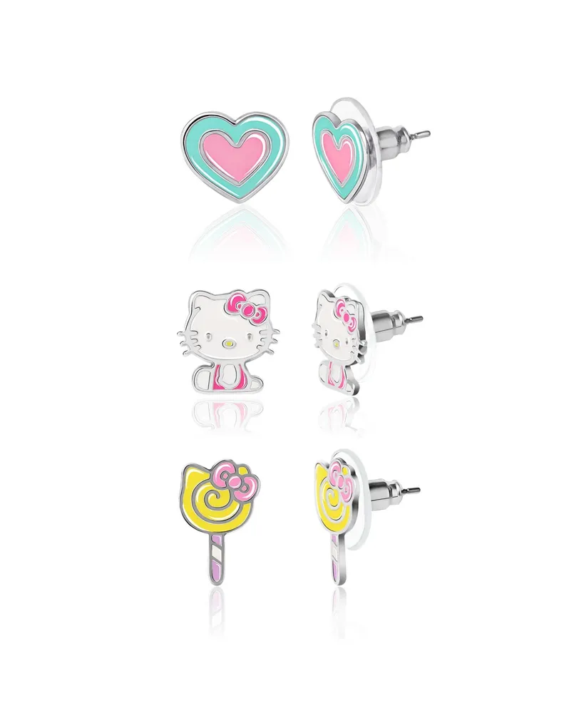 Sanrio Hello Kitty Heart, Lollipop Stud Earrings Set - 3 Pairs, Officially Licensed