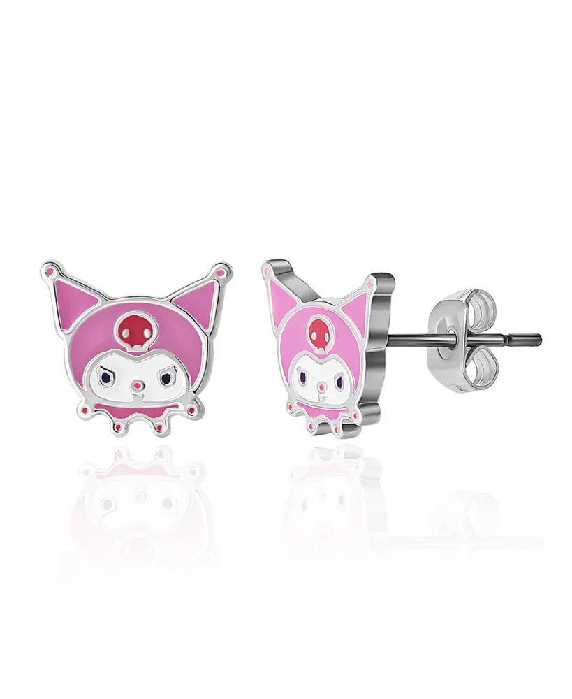 Sanrio Womens Hello Kitty and Friends Silver Plated and Enamel Stud Earrings - Kuromi, Officially Licensed