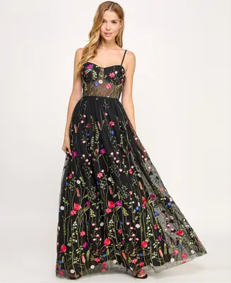 City Studios Juniors' Floral-Embroidery Illusion-Corset Gown, Created for Macy's