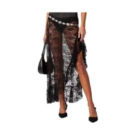 Women's Asymmetric ruffle sheer lace maxi skirt