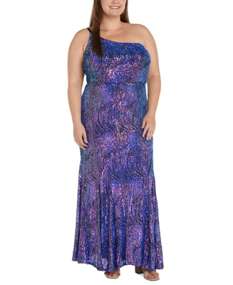 Morgan & Company Trendy Plus Sequined One-Shoulder Gown