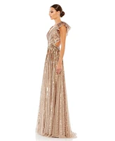 Women's Sequined Cut Out Ruffled Cap Sleeve Lace Up Gown