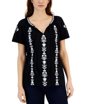 Style & Co Women's Cotton Embroidered Peasant Top, Created for Macy's