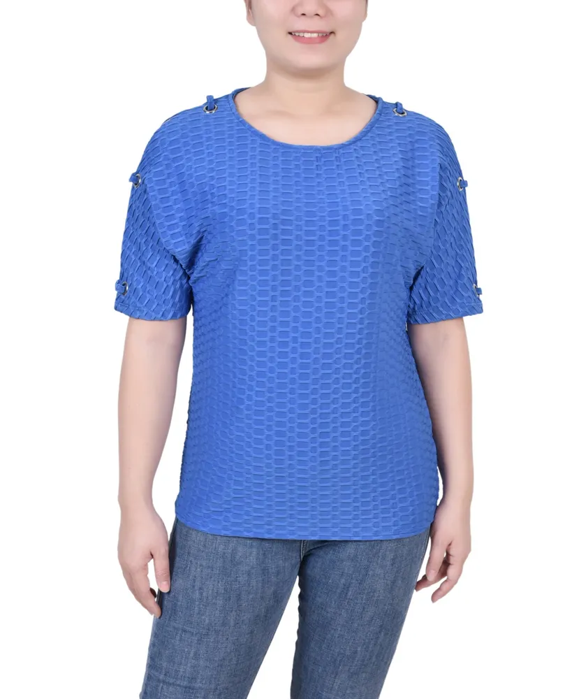 Ny Collection Petite Short Sleeve Honeycomb Textured Grommet Top