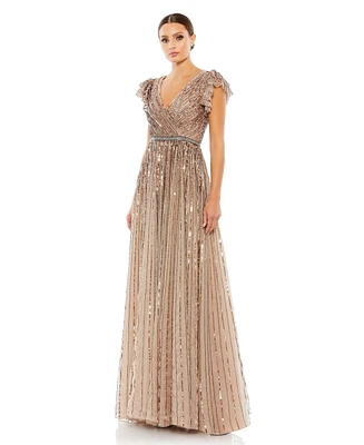 Mac Duggal Women's Sequined Wrap Over Ruffled Cap Sleeve Gown