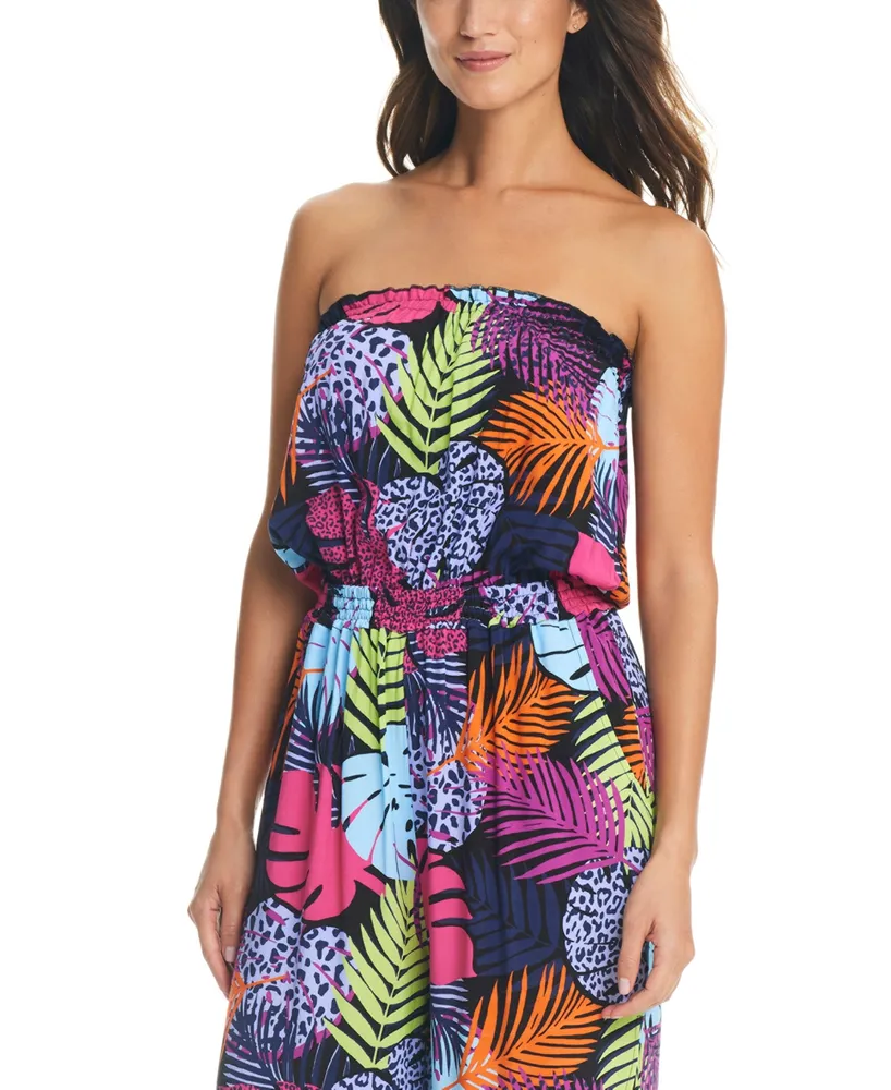 Bar Iii Women's Palm Prowl Strapless Jumpsuit Cover-Up, Created for Macy's