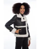 Furniq Uk Women's Shearling Half Zipper Jacket, Silky Black with White Wool