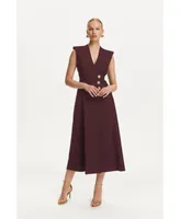 Women's Double-Breasted Shoulder Pad Midi Dress