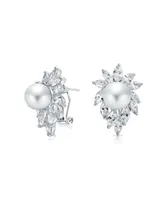 Bling Jewelry Classic Cocktail Party Halo Leaf Cz Marquise 10 Mm White Simulated Pearl Stud Earrings For Omega Back Rhodium Plated Brass