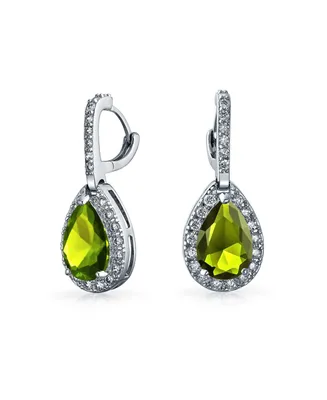 Bling Jewelry 7CT Halo Olive Green Cubic Zirconia Cz Formal Huggie Snap Hinge Dangle Drop Teardrop Earrings smaid Rhodium Plated