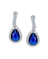Bling Jewelry 7CT Style Halo Royal Blue Cubic Zirconia Cz Dangle Drop Teardrop Screw Back Clip On Earrings Rhodium Plated