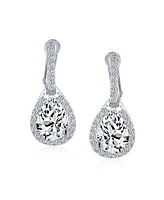 Bling Jewelry Style Halo Clear Cubic Zirconia Cz Fashion Formal Dangle Drop Teardrop Screw Back Clip On Earrings Prom Rhodium Plated