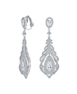 Bridal Art Deco Style Cubic Zirconia Halo Leaf Teardrop Long Statement Cz Chandelier Dangle Clip On Earrings For Women