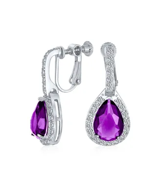 Bling Jewelry 7CT Style Halo Purple Cubic Zirconia Cz Dangle Drop Teardrop Screw Back Clip On Earrings smaid Rhodium Plated