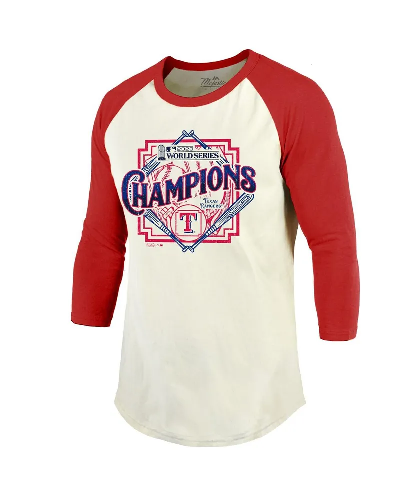 Men's Majestic Threads Cream, Red Distressed Texas Rangers 2023 World Series Champions Raglan 3/4-Sleeve T-shirt