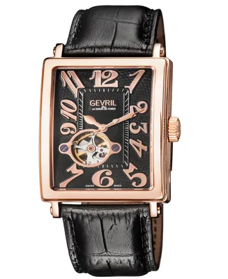 Gevril Men's Avenue of Americas Intravedere Black Leather Watch 44mm