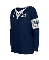 Women's New Era Navy Dallas Cowboys Lace-Up Notch Neck Long Sleeve T-shirt
