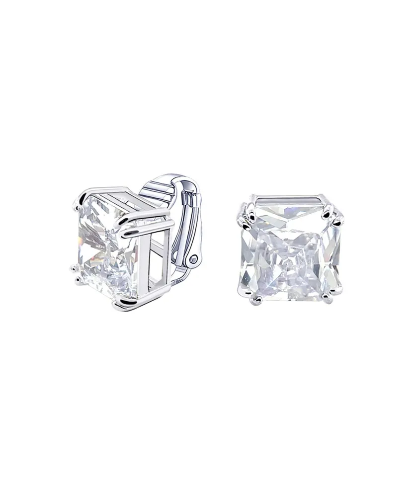 Bling Jewelry Classic Large Statement 5CT Square Princess Cut Cubic Zirconia Cz Solitaire Clip On Stud Earrings For Women Rhodium Plated Non Pierc