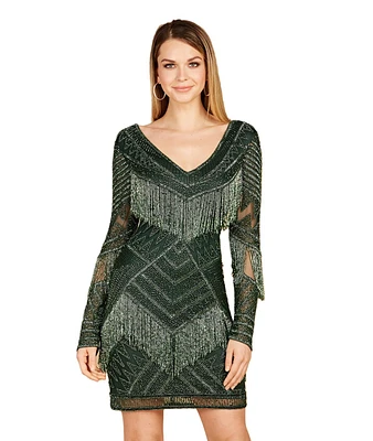 Women's Long Sleeve Beaded V-Neck Fringe Cocktail Mini Dress
