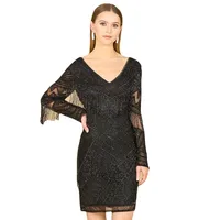 Women's Long Sleeve Beaded V-Neck Fringe Cocktail Mini Dress