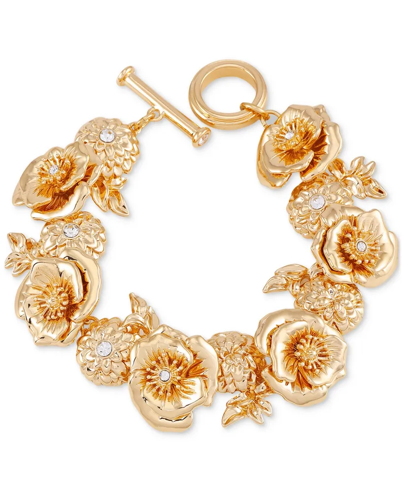 Guess Gold-Tone Pave-Accented Flower Flex Bracelet