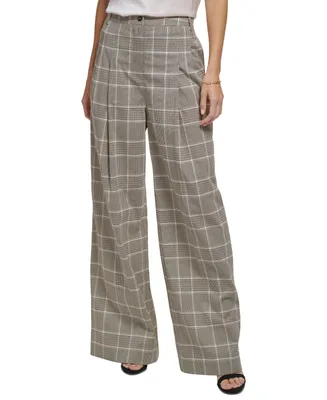 Dkny Petite Plaid-Print Wide-Leg Essex Pants