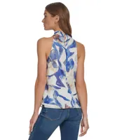 Dkny Petite Printed Sleeveless Halter-Neck Blouse