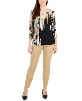 Jm Collection Womens Print 3 4 Sleeve Top Cambridge Woven Pull On Pants Created For Macys