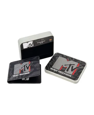 Mtv Men's Logo Bifold Wallet, Slim Wallet with Decorative Tin for Men and Women