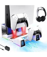 PS5 Silent Cooling Stand with Rgb Led Light, Dual Charging Controller, Hard Drive Slot, Headset and Remote Holders, 10 Game Slots, White With Bolt Axt