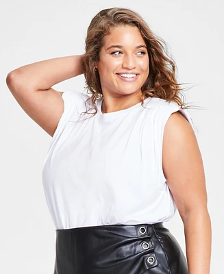 Bar Iii Plus Cotton Pleated-Shoulder Top, Created for Macy's