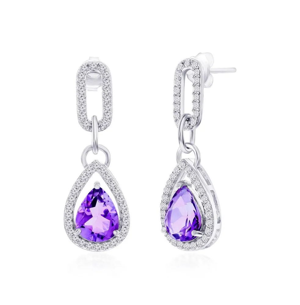 Sterling Silver Amethyst & White Zircon Pearshaped Paperclip Earrings