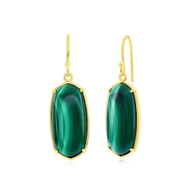 Sterling Silver Long Hexagon Malachite Dangle Earrings - Gold Plated