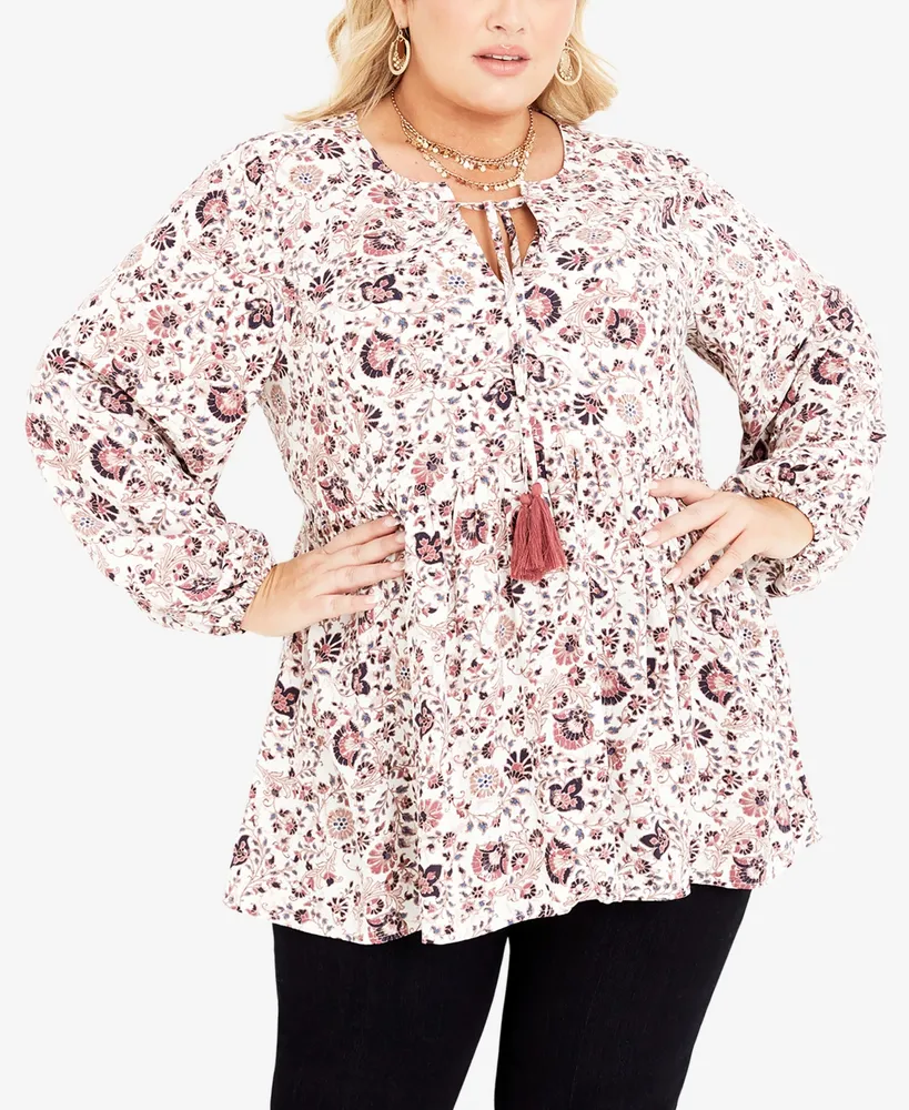 Avenue Plus Size Charmed Notched V-neck Tunic Top