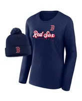 Women's Fanatics Navy Boston Red Sox Run The Bases Long Sleeve T-shirt and Cuffed Knit Hat with Pom Combo Set