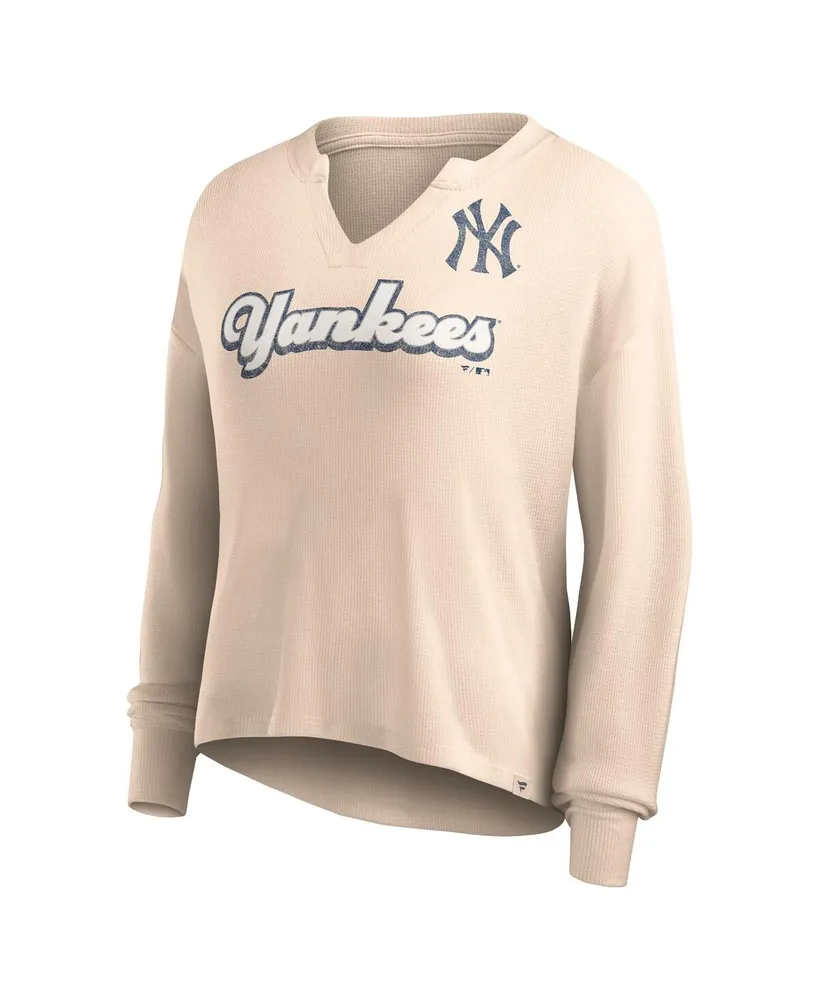 Women's Fanatics Cream Distressed New York Yankees Go For It Waffle Knit Long Sleeve Notch Neck T-shirt