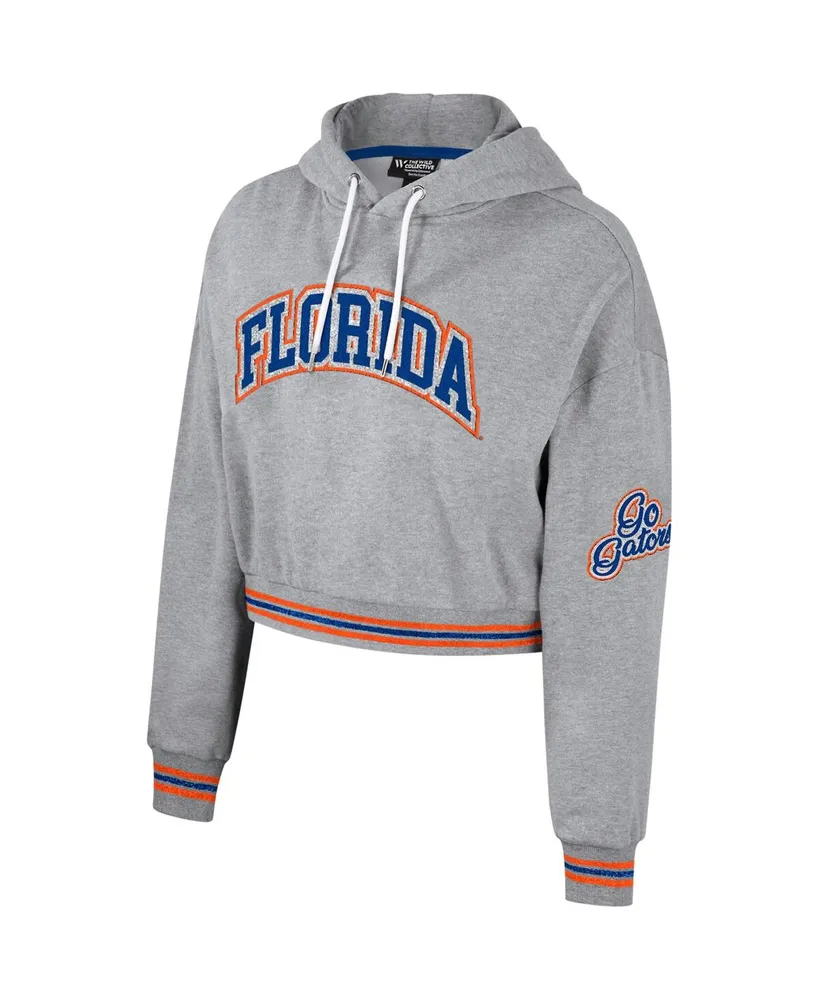 Women's The Wild Collective Heather Gray Distressed Florida Gators Cropped Shimmer Pullover Hoodie