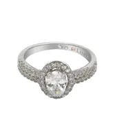 Suzy Levian New York Sterling Silver Oval Cut White Cubic Zirconia Halo Center Stone Ring